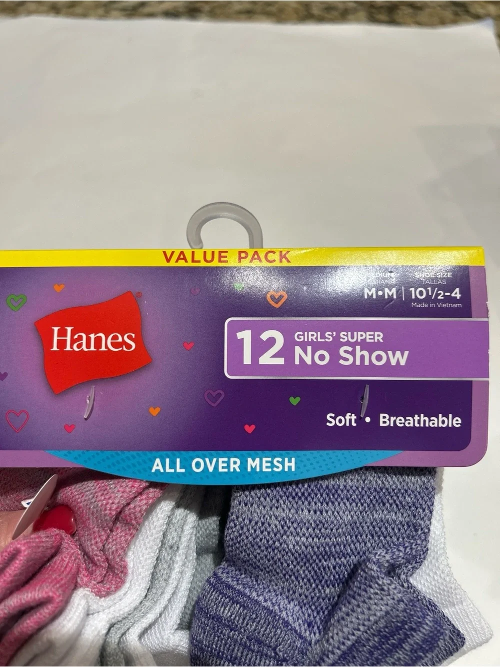 Hanes Girls 12-Pack Cushioned No Show Socks Shoe Size 10 1/2 -4 Soft Breathable